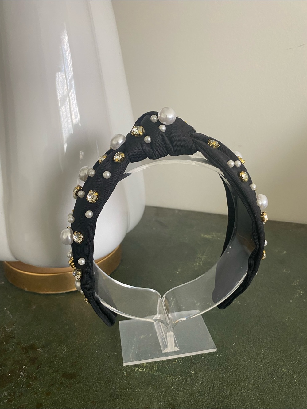 Black Knot Headband Pearl Rhinestone Embellished Padded Glam Hairband Headband